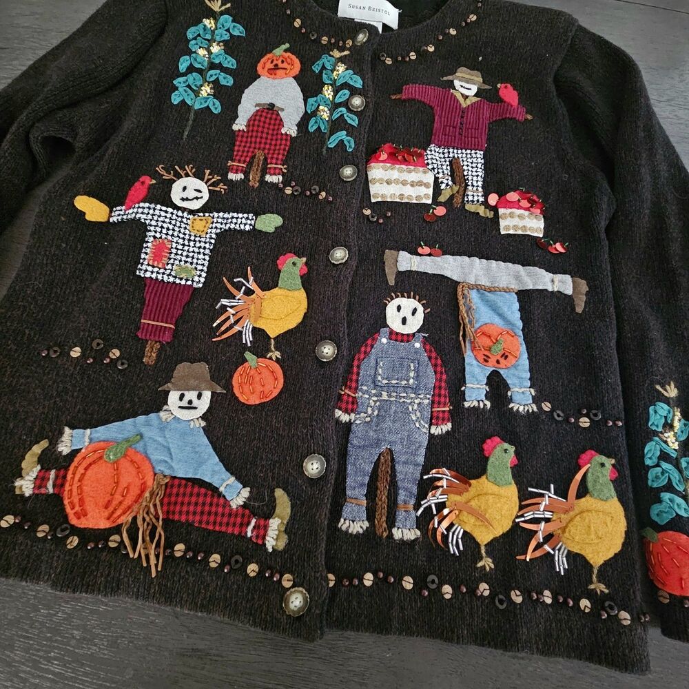 Vtg Susan Bristol Fall Harvest Scarecrow Cardigan Sweater Medium Sequin Beaded